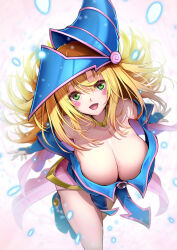  1girl :d absurdres bare_legs bare_shoulders blonde_hair blue_dress blue_footwear blue_hat blue_sleeves breasts cleavage dark_magician_girl dress from_above gauntlets gold_necklace green_eyes hat highres huge_breasts jewelry kamehito long_hair looking_at_viewer necklace open_mouth showgirl_skirt smile solo straight_hair very_long_hair wizard_hat yu-gi-oh! 