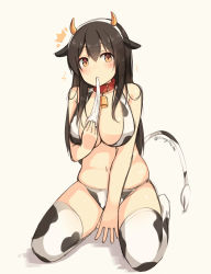 10s 1girl ^^^ akagi_(kancolle) alternate_costume animal_ears animal_print bad_id bad_pixiv_id bare_shoulders bell belly between_legs bikini black_hair blush breasts brown_hair cleavage collar cow_ears cow_girl cow_print cow_tail cowbell eating eyeshadow food food_in_mouth full_body hairband hand_between_legs highres holding horns kantai_collection kemonomimi_mode large_breasts long_hair looking_at_viewer makeup mochi mouth_hold navel neck_bell orange_eyes plump print_bikini print_thighhighs seiza shadow shuuichi simple_background sitting sketch solo swimsuit tail thighhighs twitter_username wagashi white_background white_bikini rating:Questionable score:49 user:danbooru