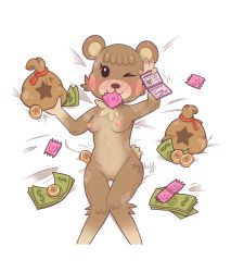  1girl :3 animal_crossing animal_ears animal_hands bear_girl bell blush body_fur breasts brown_fur closed_mouth commission condom condom_in_mouth condom_wrapper eye_contact female_focus furry furry_female heart highres indoors looking_at_another looking_at_viewer lying maple_(animal_crossing) money mouth_hold navel nintendo nipples no_humans nude on_bed passport pussy small_breasts solo tail toyfluff uncensored wide_hips  rating:Explicit score:9 user:SuperMapleSyrup_
