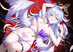  absurdres arm_up armpit_crease armpits bare_legs belt blhazx blue_eyes blue_hair blush breasts collar commentary_request covered_erect_nipples cuffs detached_collar feathers fingernails groin hair_between_eyes hair_intakes halo hand_up handcuffs head_wings highres honkai:_star_rail honkai_(series) jewel_under_eye large_breasts looking_at_viewer lower_teeth_only lying navel no_pants on_back panties pubic_tattoo purple_collar purple_panties robin_(honkai:_star_rail) saliva sidelocks stomach tattoo teeth thigh_belt thigh_strap topless underwear white_feathers wings 