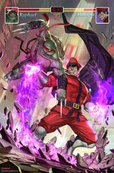  2boys battle bracelet cape comic_cover crossover fighting highres holding in-hyuk_lee jewelry m._bison mask multiple_boys muscular necklace ninja official_art raphael_(tmnt) reptile_boy sai_(weapon) shoulder_pads skull_necklace smile spiked_bracelet spikes street_fighter street_fighter_i street_fighter_ii_(series) street_fighter_iv_(series) teenage_mutant_ninja_turtles turtle turtle_boy weapon western_comics_(style) 