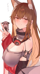  2girls absurdres animal_ear_fluff animal_ears arknights bare_shoulders breasts brown_eyes brown_hair chibi cleavage collar commentary_request cosplay fox_ears franka_(arknights) frostleaf_(arknights) frostleaf_(arknights)_(cosplay) grey_collar grey_hair grey_shirt hand_up highres large_breasts long_hair looking_at_viewer multiple_girls nail_polish off-shoulder_shirt off_shoulder red_nails shirt short_sleeves simple_background smile suzubotan upper_body v very_long_hair white_background 