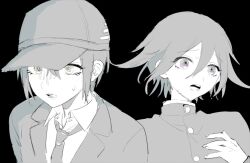  2boys 9ji_(48792047) baseball_cap black_background buttons coattails collared_jacket collared_shirt commentary_request danganronpa_(series) danganronpa_v3:_killing_harmony eyelashes fingernails frown greyscale hair_between_eyes hand_on_own_chest hat high_collar jacket long_sleeves male_focus monochrome multiple_boys necktie nervous oma_kokichi open_mouth raised_eyebrows saihara_shuichi school_uniform shirt short_hair simple_background spot_color sweat teeth upper_body upper_teeth_only yellow_eyes 