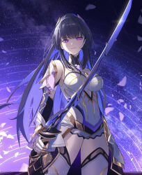  1girl armor armored_boots armored_dress armored_gloves bare_shoulders black_hair blue_pupils blush boots breasts chest_jewel collar colored_inner_hair cowboy_shot diffraction_spikes dot_nose galaxy hair_ornament highres holding holding_sword holding_weapon honkai_(series) honkai_impact_3rd katana kuma_(kumasan_82) light_particles light_rays light_smile long_hair looking_at_viewer milky_way multicolored_hair purple_eyes purple_theme raiden_mei raiden_mei_(herrscher_of_origin) sidelocks sky solo space star_(sky) star_(symbol) star_trail starry_background starry_sky sword twitter_username two-tone_hair upper_body very_long_hair weapon 