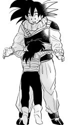  2boys :d aida_kaiko armor black_hair boots child dragon_ball dragonball_z facing_away father_and_son fingernails full_body greyscale happy height_difference highres hug looking_down male_focus monochrome multiple_boys open_mouth parted_lips short_hair simple_background smile son_gohan son_goku standing white_background 