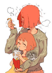  2girls ^_^ age_difference alternate_breast_size blush bob_cut breast_milk closed_eyes closed_mouth commentary_request daughter_(yoru_mac) drinking drinking_straw food french_fries grey_sweater highres lactation lactation_through_clothes mcdonald&#039;s mother_(yoru_mac) mother_and_daughter multiple_girls orange_hair president_r18 shirt short_hair simple_background smile sweater white_background yellow_shirt  rating:Questionable score:196 user:danbooru