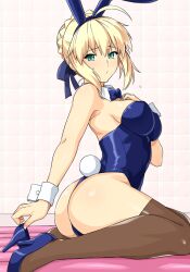  1girl ahoge air_mattress animal_ears artoria_pendragon_(all) artoria_pendragon_(fate) ass bathroom blonde_hair blue_bow blue_bowtie blue_footwear blue_hairband blue_leotard blue_ribbon blush bow bowtie breasts brown_thighhighs detached_collar dress fake_animal_ears fake_tail fate/grand_order fate_(series) from_side green_eyes hair_ribbon hairband hand_on_own_chest haruhisky high_heels highres large_breasts leotard looking_at_viewer looking_to_the_side playboy_bunny rabbit_ears rabbit_tail ribbon saber_(fate) simple_background sitting soapland solo tail thighhighs tile_wall tiles white_background white_wrist_cuffs wrist_cuffs 