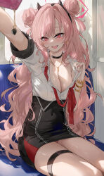  1girl :d arm_up black_choker blue_archive blurry blush breasts cellphone cellphone_charm charm_(object) choker cleavage clothes_pull covered_navel dema_hmw depth_of_field double_bun fang gold_bracelet gyaru hair_bun halo high-waist_skirt highres holding holding_phone kirara_(blue_archive) large_breasts long_hair looking_at_viewer open_mouth panties pantyshot phone pink_eyes pink_hair pink_nails pulled_by_self selfie shirt shirt_pull sitting skirt smartphone smile solo thigh_strap train_interior underwear very_long_hair w white_shirt 