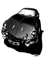 absurdres car greyscale highres license_plate monochrome motor_vehicle no_humans renault renault_alpine_a110 vehicle vehicle_focus yajima 