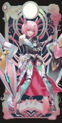 1girl armor armored_bodysuit armored_boots armored_gloves black_bodysuit bodysuit boots breastplate disgustingtokki floating floating_object full_body goddess_of_victory:_nikke hair_ornament headgear hip_armor leg_armor looking_at_viewer noah_(nikke) open_mouth pink_eyes pink_hair shield short_hair shoulder_armor solo sparkle_hair_ornament standing