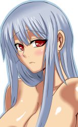  00s 1girl bare_shoulders blush breasts cleavage female_focus long_hair red_eyes selvaria_bles senjou_no_valkyria_(series) senjou_no_valkyria_1 silver_hair solo tunchan white_background 