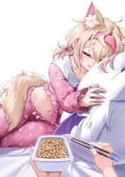  2girls animal_ear_fluff animal_ears bed_sheet blonde_hair chopsticks closed_eyes clothes_lift commentary curry_bowl dog_ears dog_girl dog_tail english_commentary fermented_soybean fingernails food frilled_sleeves frills fuwamoco fuwawa_abyssgard hair_between_eyes hairband highres holding holding_chopsticks holding_food hololive hololive_english hugging_object long_sleeves low_twintails lying midriff mococo_abyssgard multicolored_hair multiple_girls nail_polish nattou navel on_bed on_side open_mouth pajamas pants paw_print pink_hair pink_hairband pink_nails pink_pajamas pink_pants pink_shirt pov pov_hands shirt shirt_lift short_hair short_twintails simple_background sleeping stomach streaked_hair stuffed_toy tail twintails two-tone_hair virtual_youtuber wavy_mouth white_background 