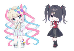  2girls ame-chan_(needy_girl_overdose) black_eyes black_footwear black_hair black_skirt black_socks blonde_hair blue_bow blue_eyes blue_hair blue_serafuku blue_shirt blue_skirt bow chibi chouzetsusaikawa_tenshi-chan closed_mouth collared_shirt commentary_request dual_persona expressionless full_body hair_bow hair_ornament hair_over_one_eye hands_on_own_hips heart heart_hair_ornament holding holding_phone kabe_(zp66104) long_hair long_sleeves looking_at_viewer multicolored_hair multiple_girls multiple_hair_bows needy_girl_overdose open_mouth phone pink_bow pink_hair pleated_skirt purple_bow quad_tails red_shirt sailor_collar school_uniform serafuku shirt shoes simple_background skirt smile socks standing suspender_skirt suspenders twintails very_long_hair white_background x_hair_ornament yellow_bow 