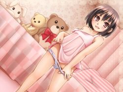  artist_request bed brown_hair dress dutch_angle loli off_shoulder panties panty_pull source_request stuffed_animal stuffed_toy teddy_bear underwear  rating:Questionable score:66 user:kimisama