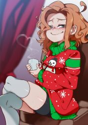  1girl bike_shorts black_shorts blue_eyes blush body_freckles brown_hair christmas christmas_sweater closed_mouth crossed_legs cup feet_out_of_frame female_focus freckles heart highres holding holding_cup hot_chocolate jcm2 long_sleeves looking_at_viewer medium_hair mug nose_blush original red_sweater shorts sidelocks sitting skindentation smile solo sweater thighhighs thighs turtleneck turtleneck_sweater white_thighhighs  rating:General score:106 user:Porygon