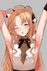 1girl :o arm_behind_head armpits azur_lane blonde_hair blue_eyes blush breasts dress flower hair_flower hair_ornament hand_up long_hair looking_at_viewer official_alternate_costume one_eye_closed open_mouth parted_lips presenting_armpit schreibe_shura small_breasts solo sweat sweatdrop upper_body vanguard_(azur_lane) vanguard_(half-hearted_masquerade)_(azur_lane) white_background white_dress rating:Sensitive score:39 user:danbooru