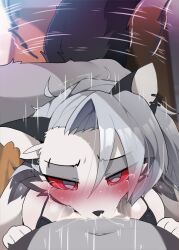  1boy 1girl animal_ears black_fur blush body_fur colored_sclera commentary dagashi_(daga2626) deepthroat fellatio furry furry_female furry_male furry_with_furry grey_eyes grey_hair hand_on_another&#039;s_head helluva_boss hetero highres long_hair looking_at_viewer loona_(helluva_boss) motion_lines navel oral pov red_sclera tail tail_wagging tears two-tone_fur uncensored white_fur 