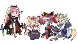  0_0 4girls =_= ^^^ animal_collar animal_ear_fluff animal_ears bandaged_arm bandaged_head bandages bandaid bandaid_hair_ornament black_bow black_cape black_collar black_dress black_jacket black_thighhighs blonde_hair blue_hair blue_hairband bow brown_footwear cape chibi closed_eyes collar colored_skin commentary crossed_bangs crossed_legs crying detached_sleeves disembodied_limb dog_ears dog_girl dog_tail double_bun doughnut dress english_commentary fangs fishnet_socks fishnet_thighhighs fishnets flower flying_sweatdrops food food_in_mouth fur-trimmed_jacket fur_trim fuwawa_abyssgard fuwawa_abyssgard_(1st_costume) grey_hair grey_skin hair_between_eyes hair_bow hair_bun hair_ornament hairband hand_on_own_cheek hand_on_own_face head_rest headphones headphones_around_neck high_heels highres holding holding_needle hololive hololive_english hololive_indonesia invisible_chair jacket kureiji_ollie kureiji_ollie_(1st_costume) long_hair long_sleeves mary_janes mococo_abyssgard mococo_abyssgard_(1st_costume) mori_calliope mori_calliope_(1st_costume) mouth_hold multicolored_skin multiple_girls needle off_shoulder open_mouth pink_hair pink_hairband pon_de_ring pumps raised_eyebrow rectangular_mouth red_bow red_eyes red_flower red_footwear red_hair scythe sewing_needle sharp_teeth shirt shoes short_hair shoulder_spikes siblings sideways_mouth simple_background single_detached_sleeve single_thighhigh sisters sitting sleeves_past_fingers sleeves_past_wrists smile socks spikes stitched_arm stitched_face stitches streaming_tears tail taka_t tears teeth thighhighs tiara torn_clothes torn_dress twins two-tone_skin umbrella very_long_hair virtual_youtuber white_background white_dress white_shirt white_veil x_hair_ornament zombie |_| 