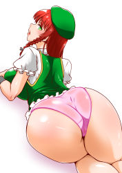 1girl ass ass_focus beret blush braid breast_press breasts green_eyes hat highres hong_meiling huge_ass large_breasts long_hair looking_at_viewer looking_back lying no_pants on_stomach open_mouth panties puffy_short_sleeves puffy_sleeves red_hair shadow shiraue_yuu short_sleeves sideways_mouth simple_background solo thighs touhou undershirt underwear white_background rating:Questionable score:48 user:danbooru