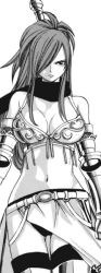 1girl armor breasts cleavage comic elbow_gloves erza_knightwalker fairy_tail gloves greyscale hair_over_one_eye mashima_hiro midriff monochrome scarf solo thighhighs rating:Sensitive score:50 user:danbooru