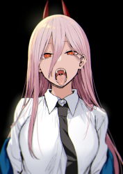 +_+ 1girl breasts business_suit chainsaw_man collared_shirt cross-shaped_pupils crosshair_pupils demon_horns dress_shirt formal highres horns large_breasts long_hair long_sleeves looking_at_viewer necktie open_mouth orange_eyes power_(chainsaw_man) red_horns sharp_teeth shirt sky-freedom solo suit symbol-shaped_pupils teeth tongue tongue_out white_shirt rating:Sensitive score:109 user:danbooru