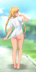 1girl ass barefoot blonde_hair blue_eyes blurry blurry_background bottomless braid breasts commentary day everlasting_summer from_behind full_body hand_up highres huyase kneepits large_breasts long_hair looking_at_viewer looking_back naked_shirt outdoors patreon_username shirt shirt_tug short_sleeves slavya-chan solo twin_braids very_long_hair white_shirt rating:Questionable score:74 user:danbooru