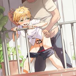  age_difference artist_request bar_censor blonde_hair blush censored cigarette clothes_pull erection green_eyes highres itsme_takk looking_back male_focus open_mouth original pants pants_pull penis railing sex sex_from_behind shota sweat sweatdrop testicles yaoi  rating:Explicit score:145 user:Verify45