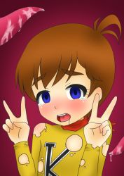  1boy blue_bodysuit blue_eyes blush bodysuit brown_hair chargeman_ken! chargeman_ken_(character) crying crying_with_eyes_open double_v drooling facing_viewer gradient_background izumi_ken jural looking_at_viewer open_mouth red_neckwear scared shirt shota simple_background tears tentacles the_jurals torn_bodysuit torn_clothes upper_body v yellow_shirt 