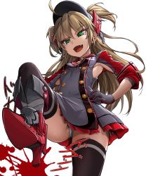  1girl absurdres admiral_hipper_(azur_lane) ahoge armpit_cutout armpits ass azur_lane bad_id bad_pixiv_id black_thighhighs blonde_hair blood blush breasts choker clothing_cutout cross dikko fang from_below gloves green_eyes hair_between_eyes hands_on_own_hips hat headgear heart high_heels highres iron_cross jacket long_hair looking_at_viewer looking_down mole mole_under_eye open_mouth panties pleated_skirt sidelocks skindentation skirt small_breasts solo stomping sweat thighhighs thighs two_side_up underwear white_panties  rating:Questionable score:59 user:danbooru