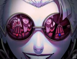  2girls a.k.i._(street_fighter) absurdres blue_pill calvin_sims claw_(weapon) close-up commentary english_commentary grin han_juri highres holding_pill mole mole_under_mouth multiple_girls official_alternate_costume official_alternate_hairstyle pale_skin purple-tinted_eyewear purple_lips red_pill reflection scene_reference short_hair smile street_fighter street_fighter_6 the_matrix tinted_eyewear weapon white_hair yellow-framed_eyewear 