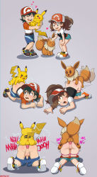  1boy 1girl ahegao all_fours anal anus ass ass_grab baseball_cap bent_over bestiality bisexual_male blush brown_eyes brown_hair chase_(pokemon) clothed_sex clothes_pull comic creatures_(company) doggystyle eevee elaine_(pokemon) electricity english_text from_behind fucked_silly game_freak gen_1_pokemon happy hat headpat heart hetero highres hug loli moaning nintendo open_mouth panties panty_pull penis pikachu pink_panties pokemon pokemon_(creature) pokemon_lgpe ponytail pussy rape rolling_eyes scratching sex sex_from_behind shadman shorts shorts_pull shota small_penis smaller_dominant smile sneaker tail tears testicles text_focus tongue tongue_out top-down_bottom-up underwear yaoi  rating:Explicit score:850 user:Perv-Ultra
