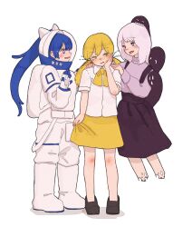  3girls animal_ear_headwear astronaut biting black_eyes black_footwear black_skirt blonde_hair blue_eyes blue_hair blush boots bruise bruise_on_face collared_shirt creator_connection creature cropped_legs fake_animal_ears floating frown gloves golden_number_(vocaloid) hand_on_own_face hands_on_another&#039;s_shoulders head_biting helmet highres injury knee_boots long_hair long_sleeves looking_to_the_side low_twintails multiple_girls neck_ribbon open_mouth over!_(vocaloid) pink_hair profile purple_sweater ribbon sabaku_(saba9) shirt shoes simple_background skirt skirt_grab smile songover space_helmet standing suspender_skirt suspenders sweater tearing_up tongue tongue_out turtleneck turtleneck_sweater twintails underbust vocaloid watashi_wa_kinki_(vocaloid) wavy_mouth white_background white_gloves white_shirt yellow_eyes yellow_ribbon yellow_skirt 