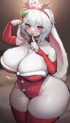 1girl absurdres animal_ears animal_nose bare_shoulders breasts cleavage closed_mouth commentary_request detached_sleeves fake_antlers furry furry_female hair_ornament heart highres large_breasts leotard looking_at_viewer original rabbit_ears rabbit_girl rabbit_tail red_eyes red_leotard red_sleeves red_thighhighs santa_costume short_hair snout solo suurin_(ksyaro) tail thick_thighs thighhighs thighs twitter_username white_fur white_hair 