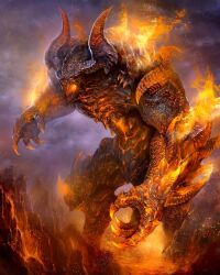  balrog claws demon demon_horns fire glowing glowing_eyes glowing_mouth highres horns lava no_humans non-web_source open_mouth outdoors ozma sharp_teeth spikes teeth walking 