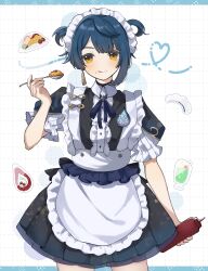  1boy :d absurdres apron black_shirt blue_hair blue_ribbon bottle earrings food genshin_impact gorila_chan highres holding holding_bottle holding_spoon jewelry ketchup_bottle long_sleeves looking_at_viewer maid maid_apron maid_headdress male_focus multiple_boys omelet omurice open_mouth ribbon shirt short_hair short_twintails simple_background single_earring skirt smile solo spoon tongue tongue_out trap twintails xingqiu_(genshin_impact) yellow_eyes 
