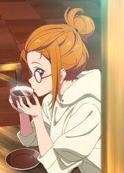  1girl black-framed_eyewear blurry blurry_background blurry_foreground commentary_request cup depth_of_field drinking glasses hair_bun highres holding holding_cup hood hood_down hoodie in-universe_location looking_at_viewer looking_to_the_side love_live! love_live!_superstar!! orange_hair purple_eyes sano_keiichi shibuya_kanon short_hair sidelocks sideways_glance single_hair_bun solo steam table upper_body white_hoodie 