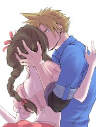 1boy 1girl aerith_gainsborough aerith_gainsborough_(floral_delight) amemori_0207 black_shirt blue_eyes blue_shirt cloud_strife cloud_strife_(ocean_chocobo) earrings final_fantasy final_fantasy_vii final_fantasy_vii_rebirth final_fantasy_vii_remake flower forceful_kiss frilled_sleeves frills hair_flower hair_ornament hair_ribbon hand_in_another&#039;s_hair hand_on_another&#039;s_neck hetero highres jewelry midriff official_alternate_costume pink_flower pink_ribbon pink_shirt pink_skirt ribbon shirt shirt_under_shirt single_earring skirt sleeves_rolled_up twitter_username upper_body white_background 