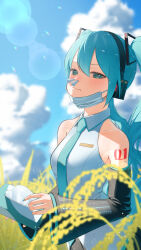  1girl absurdres bananafish1111 bare_shoulders blue_eyes blue_hair blue_nails blue_sky blush breasts cloud detached_sleeves hatsune_miku hay_fever headset highres long_hair looking_at_viewer mask mask_pull mouth_mask necktie outdoors sky solo tissue_box tissue_in_nose twintails very_long_hair vocaloid 