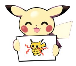 :3 :d artsy-rc child_drawing commentary creatures_(company) english_commentary eyes_closed facing_viewer game_freak gen_1_pokemon highres holding holding_drawing holding_sign nintendo no_humans open_mouth pikachu pokemon sign signature simple_background smile solo white_background 