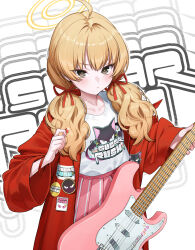  1girl black_eyes blue_archive clothes_writing commentary_request electric_guitar guitar hair_ribbon halo highres holding holding_instrument instrument jacket kabu_(niniko2ko) long_sleeves looking_at_viewer medium_hair official_alternate_costume open_clothes open_jacket red_jacket red_ribbon ribbon shirt solo twintails white_shirt yellow_halo yoshimi_(band)_(blue_archive) yoshimi_(blue_archive) 
