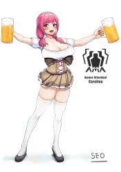  1girl absurdres alcohol barmaid beer beer_mug blush breasts carolina_(last_origin) character_name cleavage collarbone cup dirndl dress full_body german_clothes high_heels highres huge_breasts large_breasts last_origin long_hair looking_at_viewer low-tied_long_hair mug oktoberfest open_mouth pink_hair red_eyes seo_(tqhgud016) short_dress simple_background smile solo standing thighhighs twintails white_background  rating:Sensitive score:18 user:danbooru