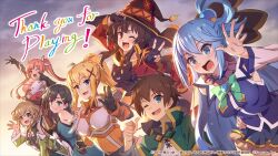  1boy 6+girls :d ;d aqua_(konosuba) bat_wings black_cat black_hair blonde_hair blue_eyes blue_hair braid brown_hair cat chomusuke cielo_(konosuba) commentary_request copyright_notice darkness_(konosuba) erika_(konosuba) green_eyes hair_rings highres kono_subarashii_sekai_ni_shukufuku_wo! konosuba!_fantastic_days lia_(konosuba) long_hair looking_at_viewer megumin multiple_girls official_art one_eye_closed open_mouth pink_eyes pink_hair ponytail ponytail_with_braided_base red_eyes satou_kazuma short_hair short_hair_with_long_locks single_hair_ring smile twintails winged_cat wings 