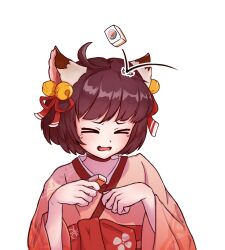  &gt;_&lt; 1girl ahoge animal_ears bell blush bow brown_hair cat_ears cat_girl choker commentary fang gae_bokchi hair_bell hair_ornament hair_ribbon highres holding holding_mahjong_tile ichihime japanese_clothes jingle_bell kimono lace-trimmed_sleeves lace_trim long_sleeves mahjong mahjong_soul mahjong_tile obi pain paw_pose pink_kimono red_bow red_choker red_ribbon red_sash ribbon sash short_hair simple_background skin_fang solo throwing upper_body waist_bow white_background wide_sleeves 