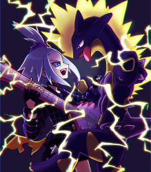 1girl 1other blue_eyes creature creatures_(company) electric_guitar electricity game_freak gen_8_pokemon guitar highres holding holding_guitar holding_instrument instrument looking_at_another medium_hair music neon_lights nintendo open_mouth pokemon pokemon_(creature) pokemon_masters_ex ponytail roxie_(pokemon) roxie_(sygna_suit)_(pokemon) runa_(luna_naut) smile standing teamwork tongue tongue_out toxtricity toxtricity_(amped)