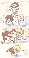  1boy 1girl bath bath_towel blonde_hair blue_eyes blush breasts brown_hair cleavage facial_hair looking_at_another mario mario_(series) mustache nervous nintendo ponytail princess_peach smile speech_bubble sweat translation_request water wet  rating:Sensitive score:3 user:Mr._Jive