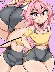 1boy ass astolfo_(fate) bmayyne braid bulge choker erection erection_under_clothes eyebrows fang fate/apocrypha fate/grand_order fate_(series) highres huge_ass long_hair looking_at_viewer matching_hair/eyes pink_eyes pink_hair shirt shorts skin_fang smile solo trap  rating:Questionable score:170 user:redlight1