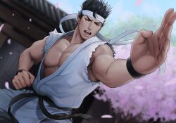  1boy bara bare_pectorals bitaro black_hair brown_eyes cherry_blossoms clenched_hand collarbone dougi falling_petals fighting_stance headband highres male_focus muscular muscular_male nipple_slip nipples open_mouth outstretched_arm pectoral_cleavage pectorals petals shrine sleeveless solo spiked_hair sweatband torn_clothes torn_sleeves v-shaped_eyebrows veins veiny_arms virtua_fighter yuki_akira 