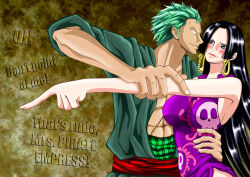  1boy 1girl arm_grab black_hair blue_eyes blush boa_hancock breasts closed_mouth dress earrings english_text green_hair green_kimono hand_on_another&#039;s_waist hetero highres japanese_clothes jewelry kimono kuja_pirates_jolly_roger large_breasts long_hair looking_at_another muscular muscular_male one_piece pectorals pointing purple_dress roronoa_zoro snake_earrings teeth very_long_hair zippi44 