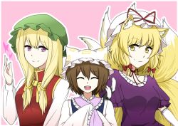  3girls absurdres alternate_costume animal_ear_fluff animal_ears animal_hat blonde_hair blue_tabard bow brown_hair bug butterfly cat_ears cat_tail chen chen_(cosplay) choker closed_eyes closed_mouth commentary_request cosplay costume_switch dress elbow_gloves fox_ears fox_tail gloves green_hat hair_bow hat hat_ribbon highres insect long_hair long_sleeves looking_at_viewer mob_cap multiple_girls multiple_tails nekomata open_mouth purple_dress purple_eyes red_bow red_ribbon ribbon ribbon_choker short_hair short_sleeves smile tabard tail tanaka_fumiko touhou two_tails white_gloves yakumo_ran yakumo_ran_(cosplay) yakumo_yukari yakumo_yukari_(cosplay) yellow_eyes 