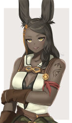  absurdres animal_ears arm_tattoo asa_(azainagamasa) bare_shoulders braid breasts brown_gloves brown_hair cahciua dark-skinned_female dark_skin final_fantasy final_fantasy_xiv gloves goggles goggles_around_neck grin highres holding_own_arm long_hair looking_at_viewer medium_breasts mole mole_under_mouth multicolored_hair orange_hair plunging_neckline rabbit_ears rabbit_girl red_lips shirt signature sleeveless smile tattoo upper_body viera white_shirt yellow_eyes 